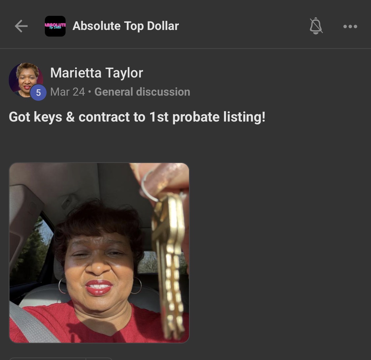 Marietta Taylor posts keys to her first probate listing
