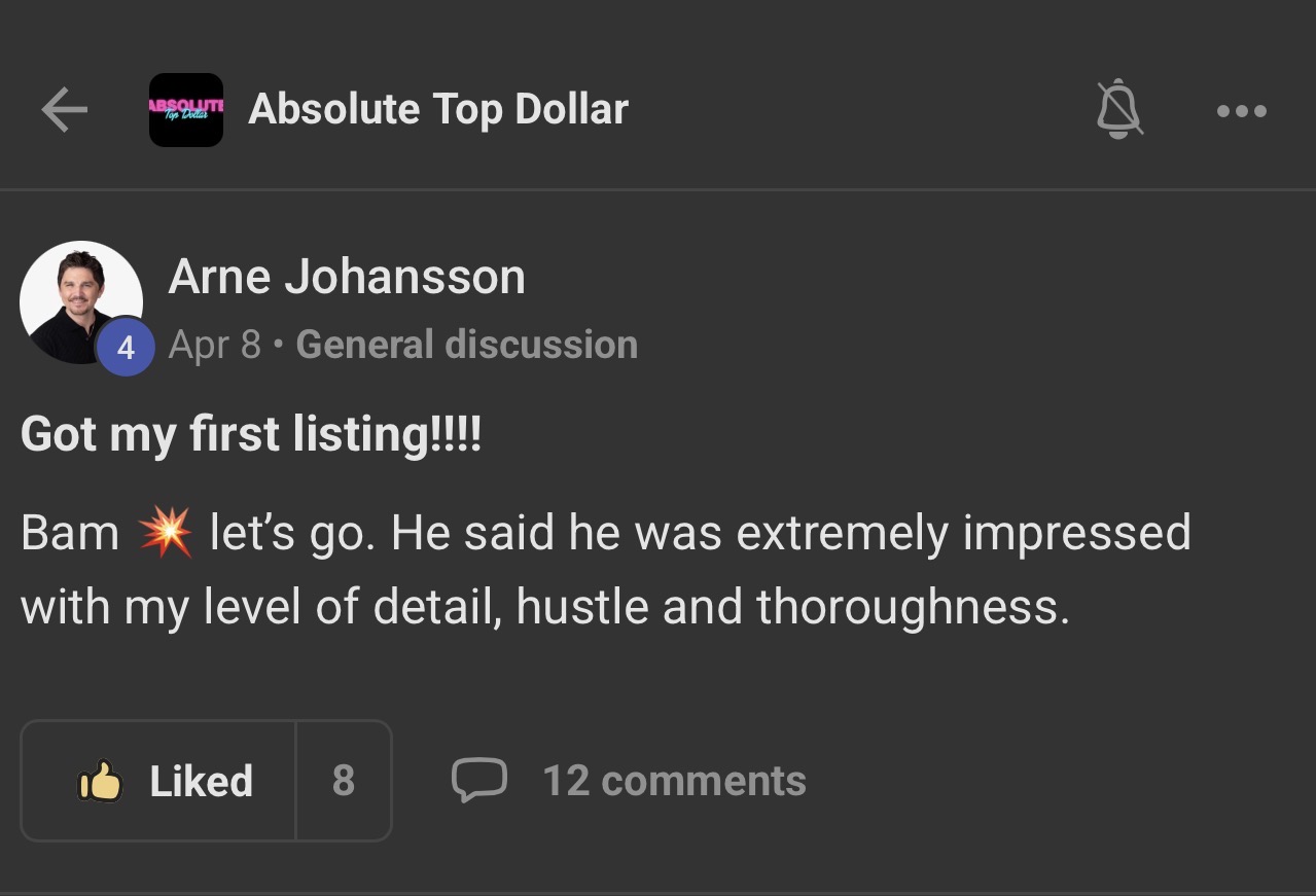 Arne Johansson posts getting his first listing