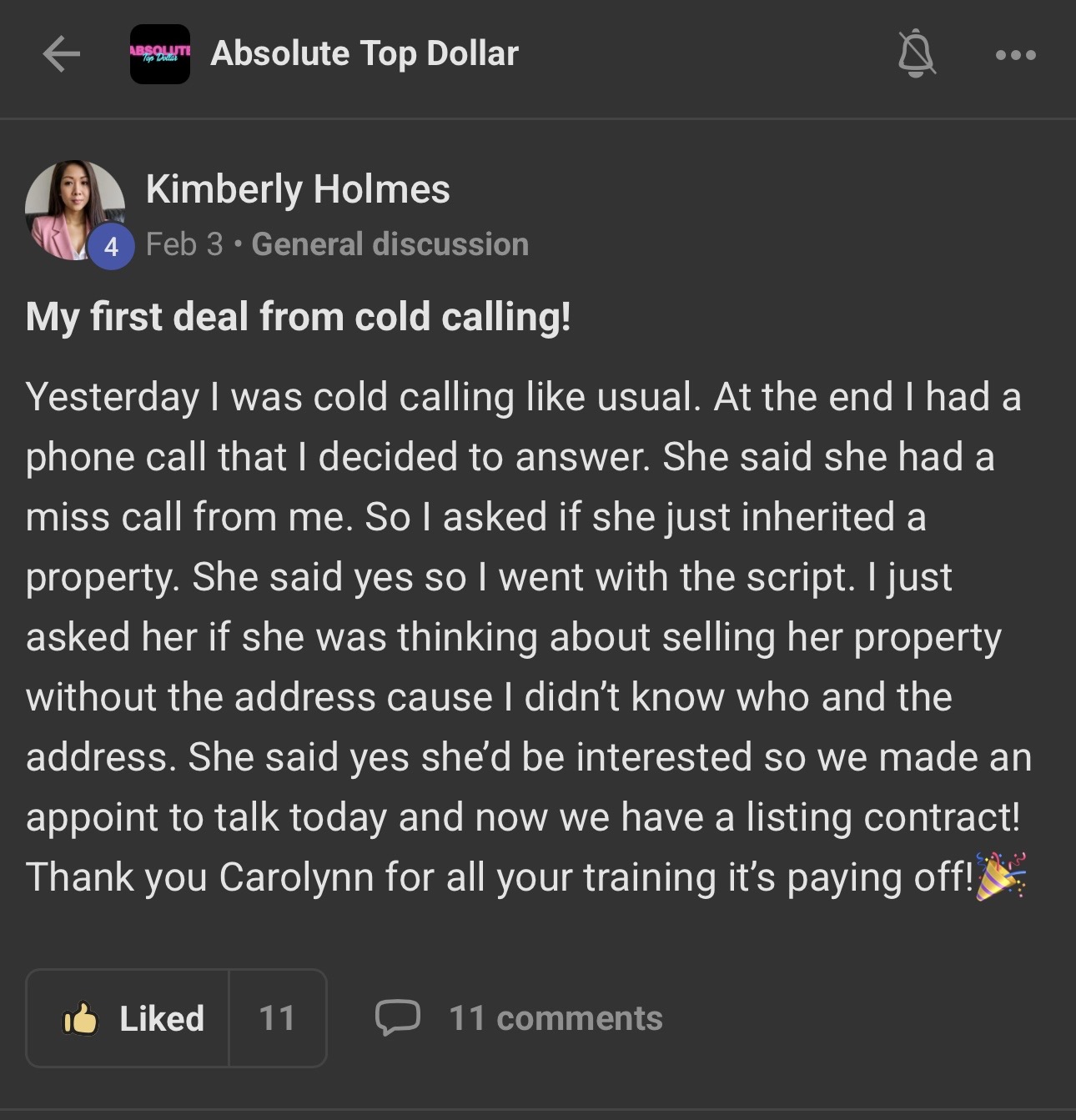 Kimberly Holmes posts her first deal from cold calling