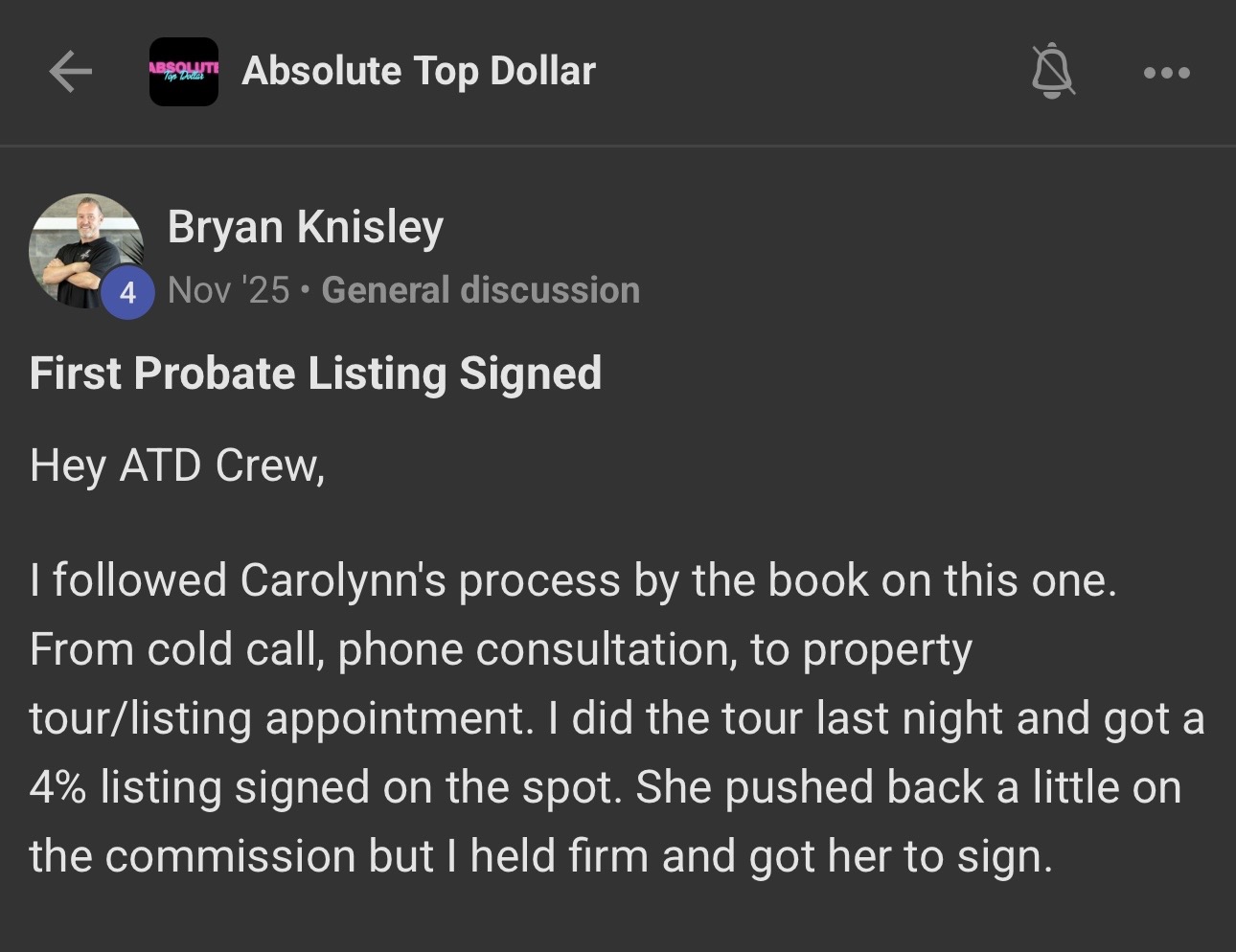 Bryan Knisley posts his first probate listing signed