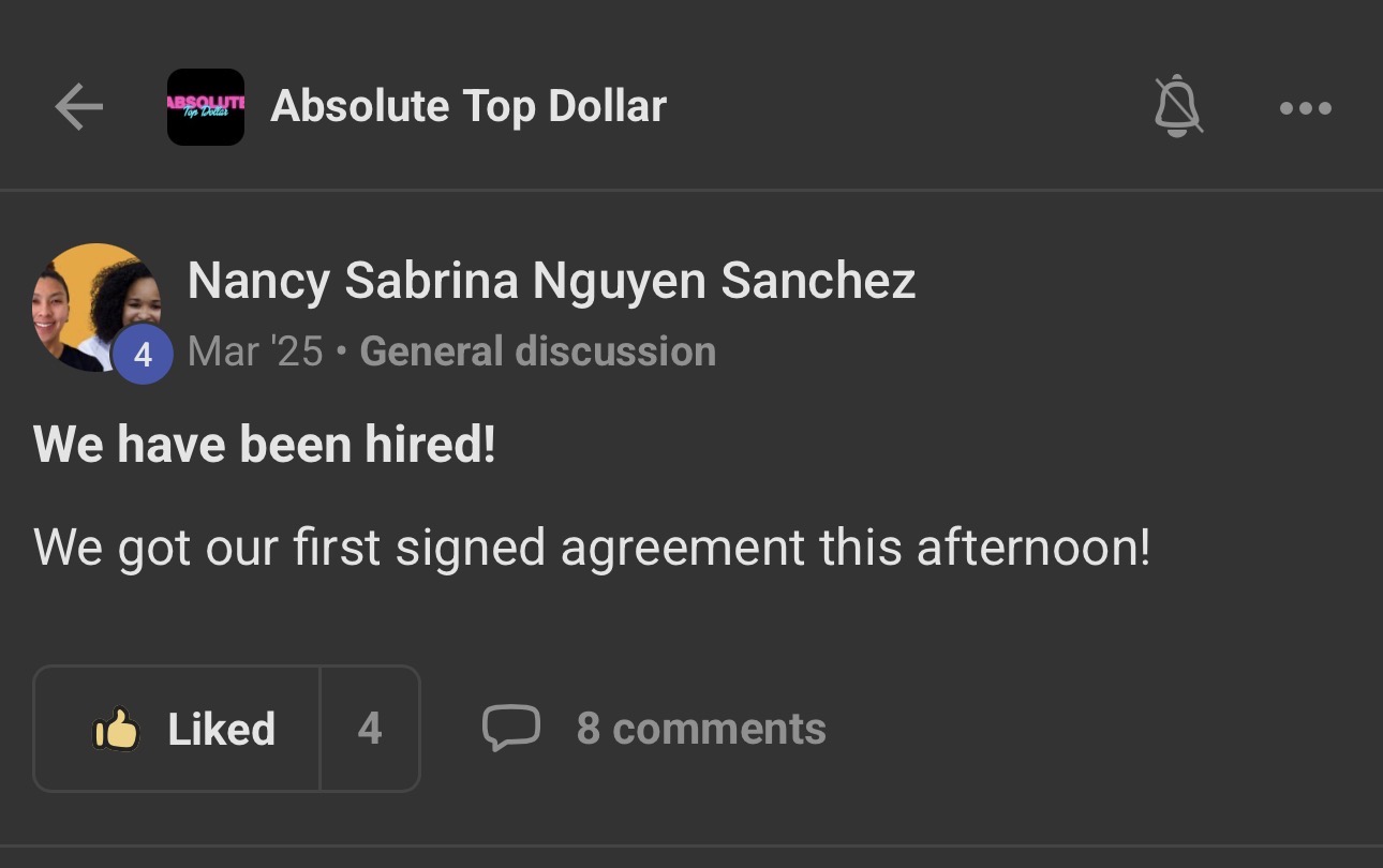 Nancy Sabrina Nguyen Sanchez posts her first signed agreement